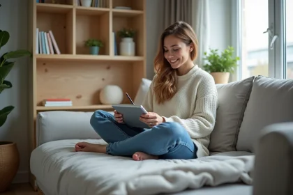 Jeune femme dessinant sur une tablette dans un appartement moderne