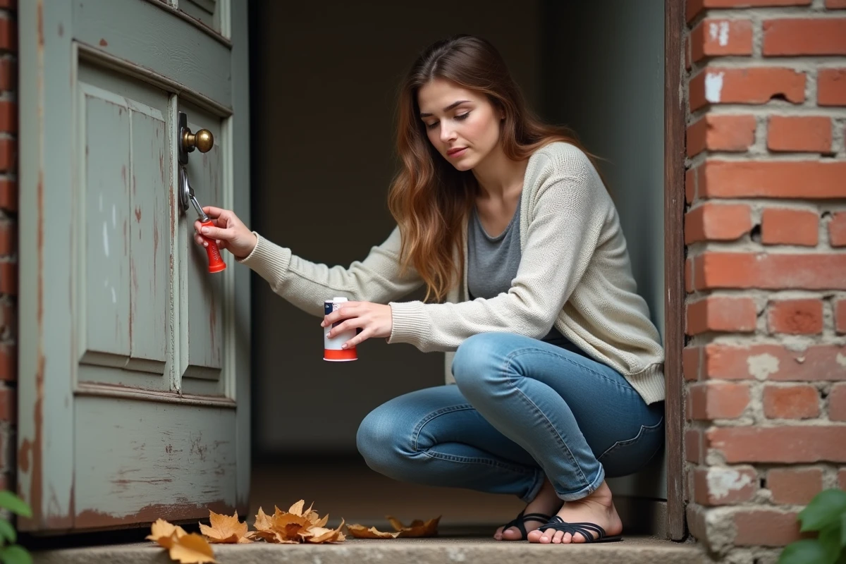 Jeune femme applique du lubrifiant sur une serrure ancienne