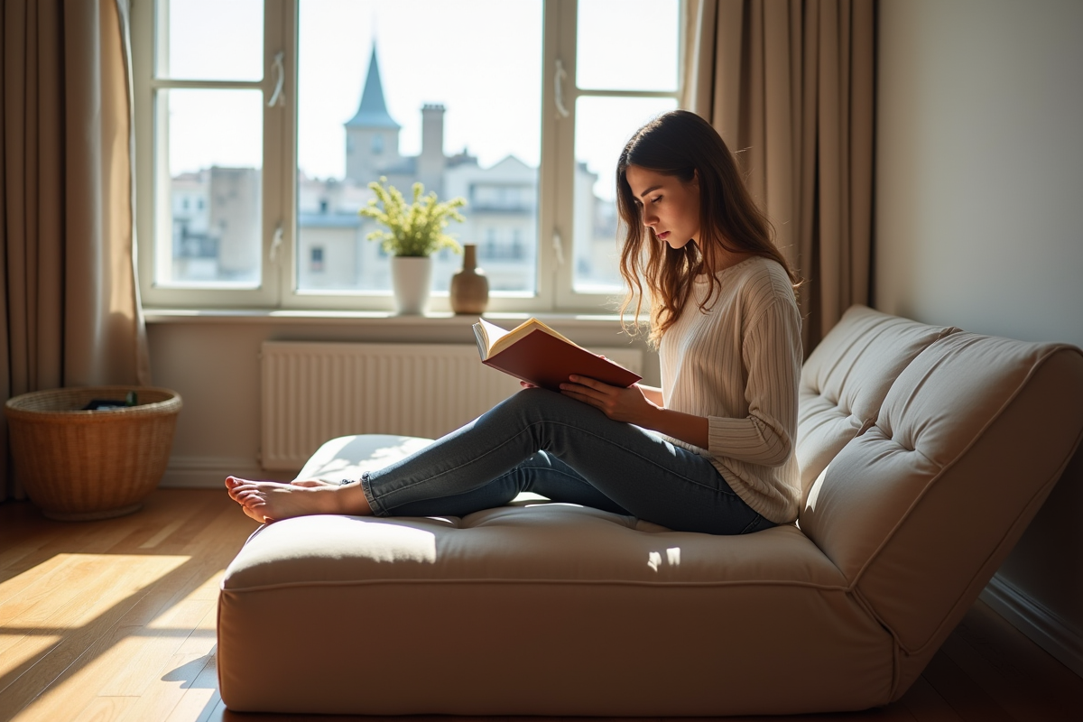 Jeune femme lisant sur un lit ottoman moderne à Paris