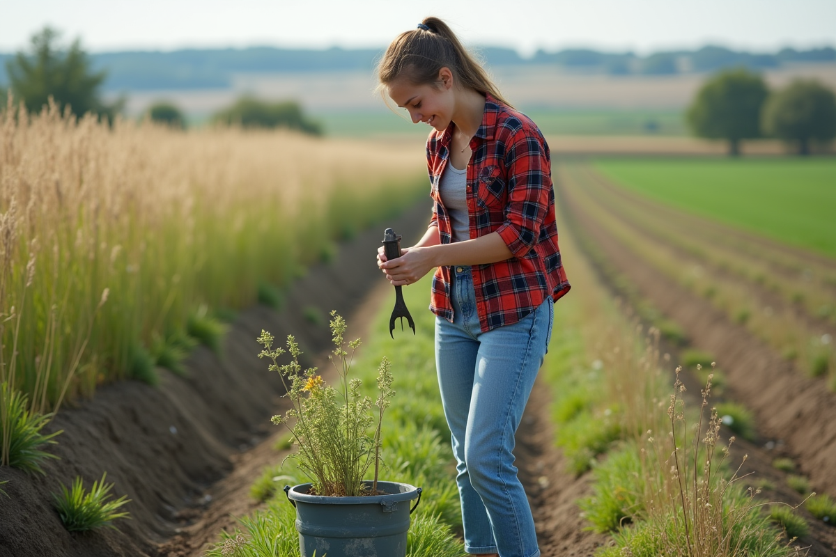 Jeune femme avec un seau de parasites dans un champ agricole