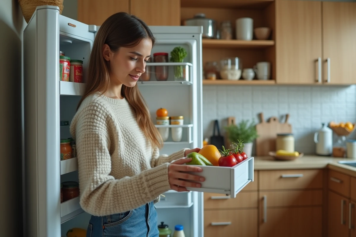 Jeune femme examine le frigo dans une cuisine chaleureuse