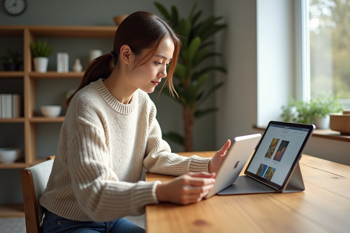 Jeune femme configure un hub intelligent dans un appartement lumineux