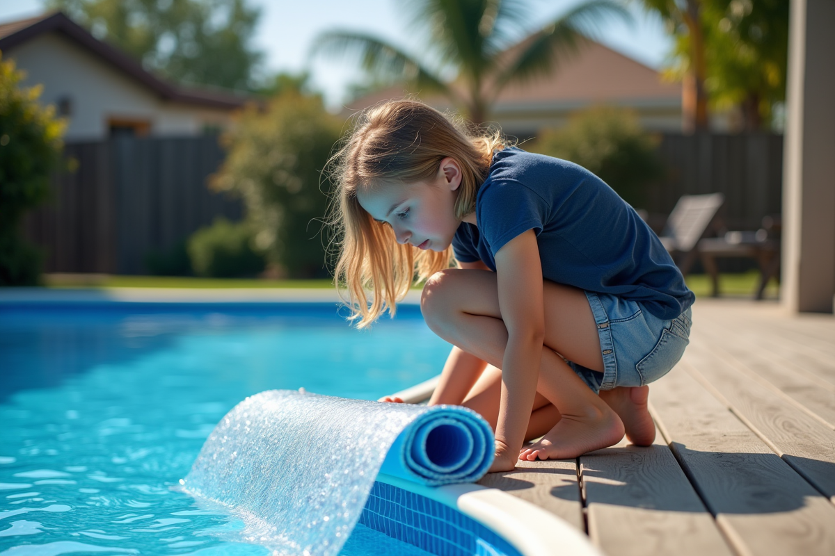 Jeune fille en t-shirt et jean qui manipule la couverture solaire