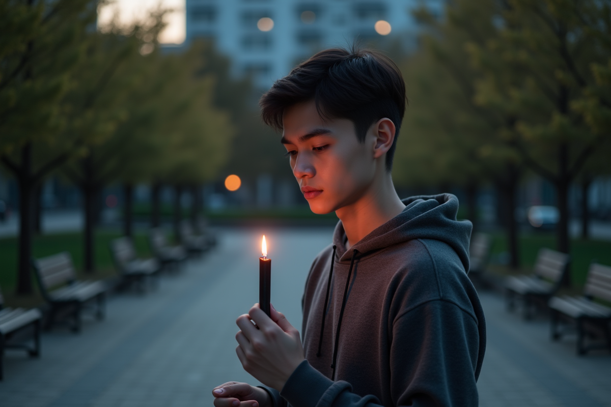 Jeune homme contemplant une bougie dans un parc urbain au cr&eacute;puscule