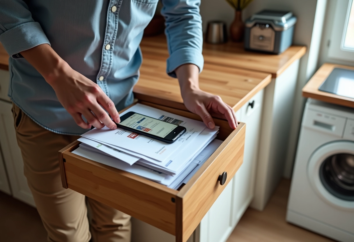 Jeune homme feuilletant des documents dans la cuisine