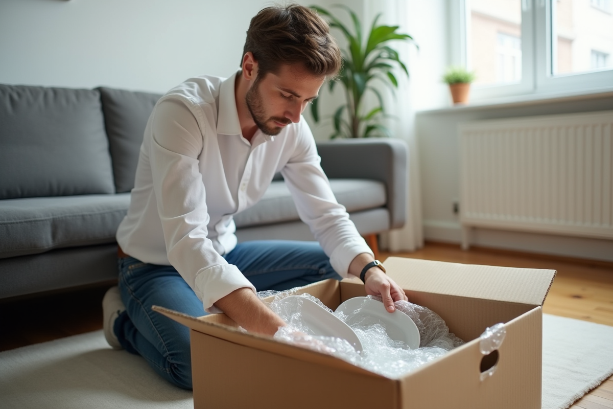 Jeune homme emballant des assiettes dans une bo&icirc;te en carton