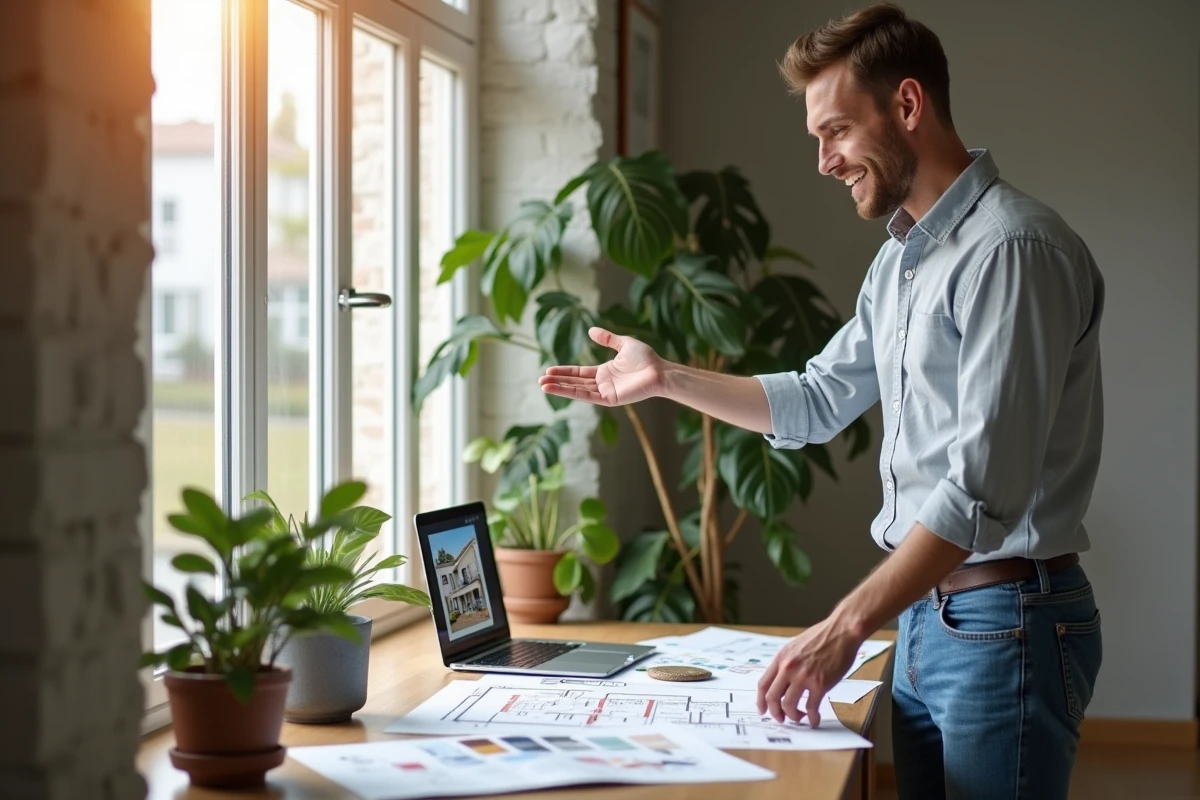 Jeune homme en jeans montre plans et design 3D maison