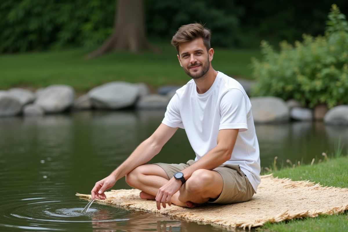 Jeune homme assis sur tapis en joncs de mer dans le jardin