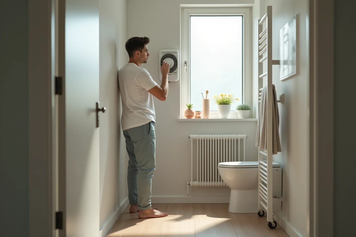 Jeune homme ajustant un radiateur dans la salle de bain