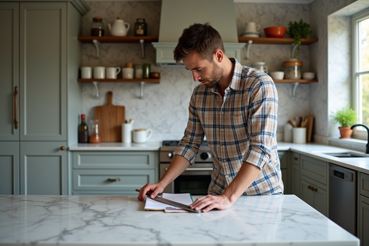 Jeune homme mesurant un plan de travail en marbre dans une cuisine moderne