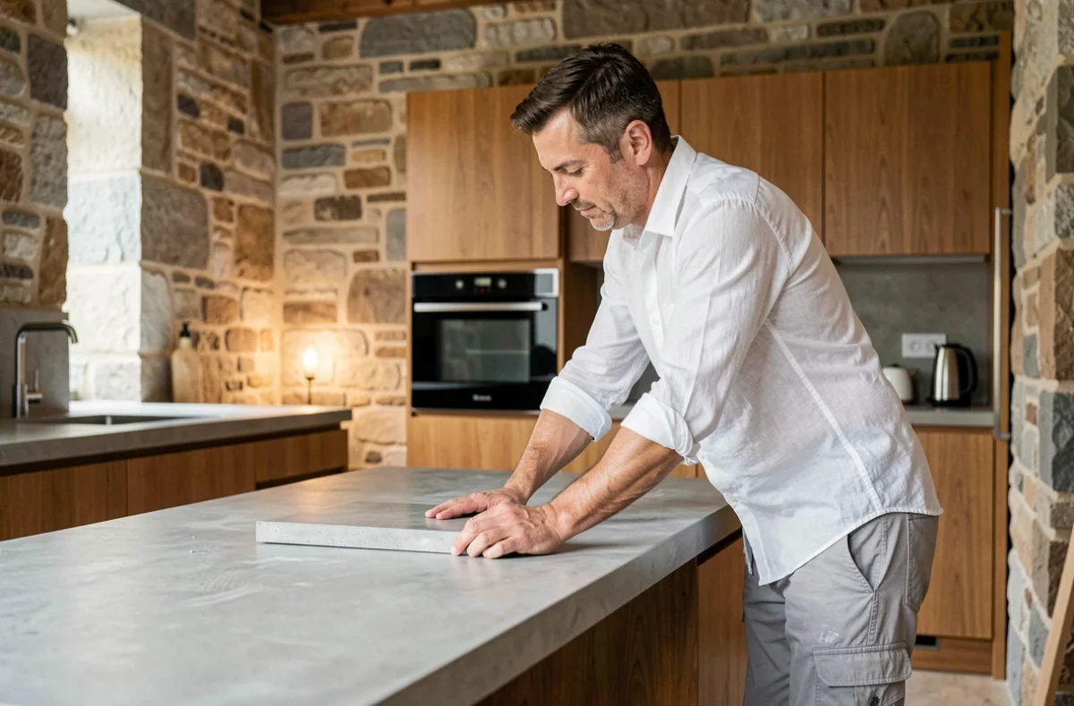 Artisan Krea Loft installant un plan de travail en béton ciré dans une extension cuisine de style loft rennais