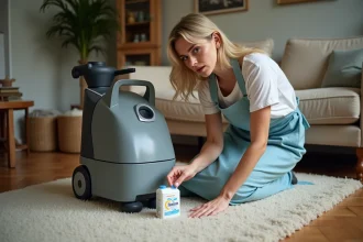 Femme tenant une boîte de lessive devant une shampouineuse de tapis dans un salon, hésitant avant de l'utiliser