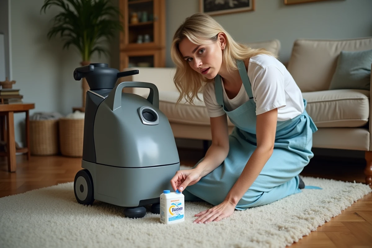 Femme tenant une boîte de lessive devant une shampouineuse de tapis dans un salon, hésitant avant de l'utiliser