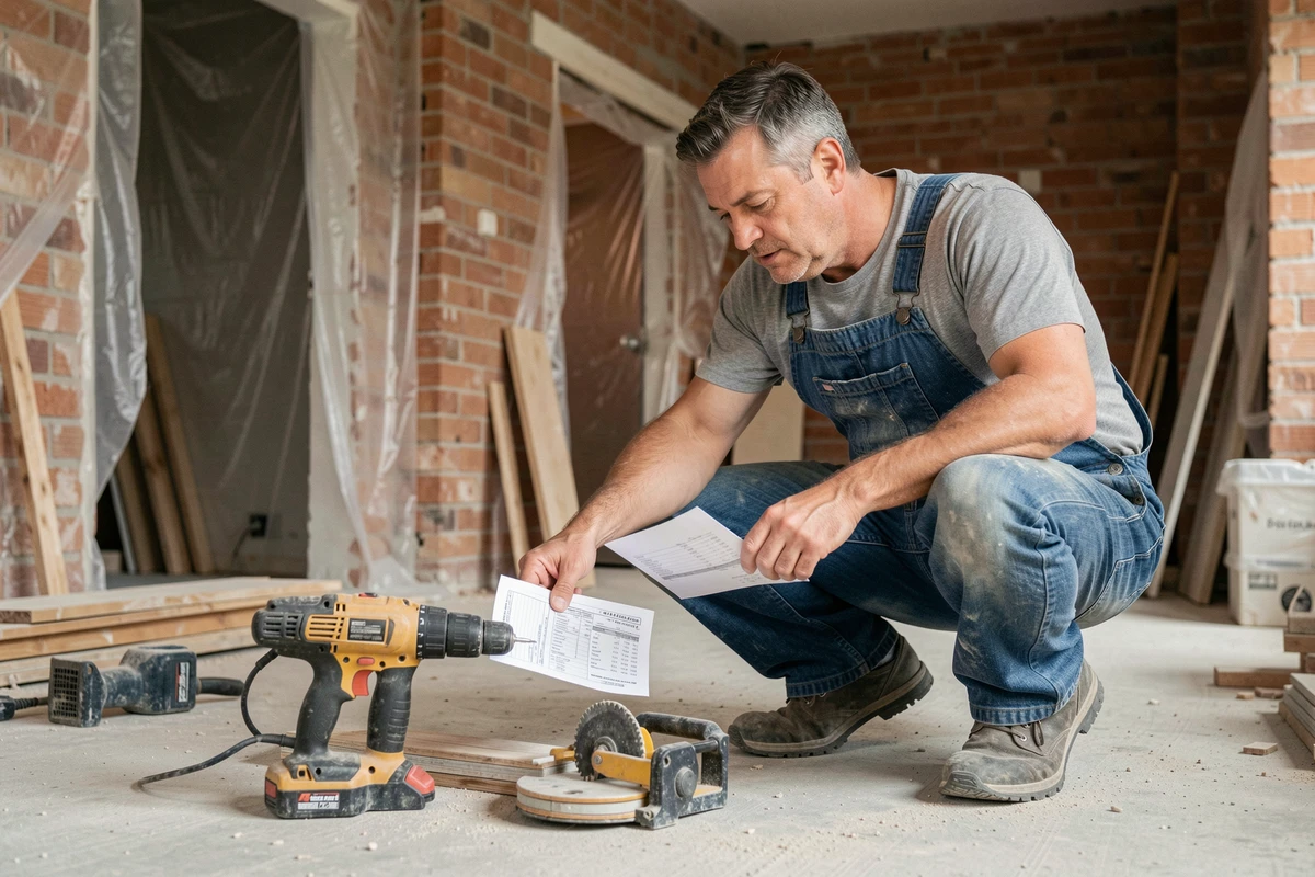 Homme examinant une facture de location d'outils de bricolage dans un appartement en rénovation avec petit budget