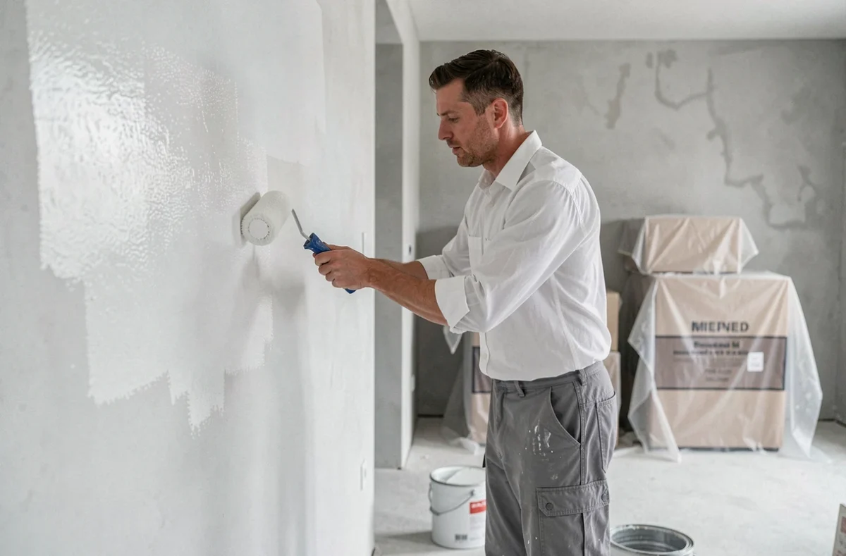 Artisan de LP Peinture passant un rouleau de peinture blanche sur un mur en plâtre dans un appartement en rénovation