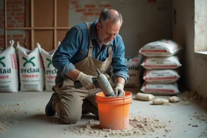 Maçon mélangeant un mortier universel dans un seau sur un chantier de rénovation intérieure