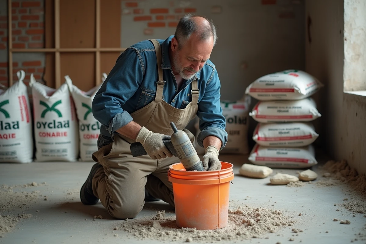 Maçon mélangeant un mortier universel dans un seau sur un chantier de rénovation intérieure