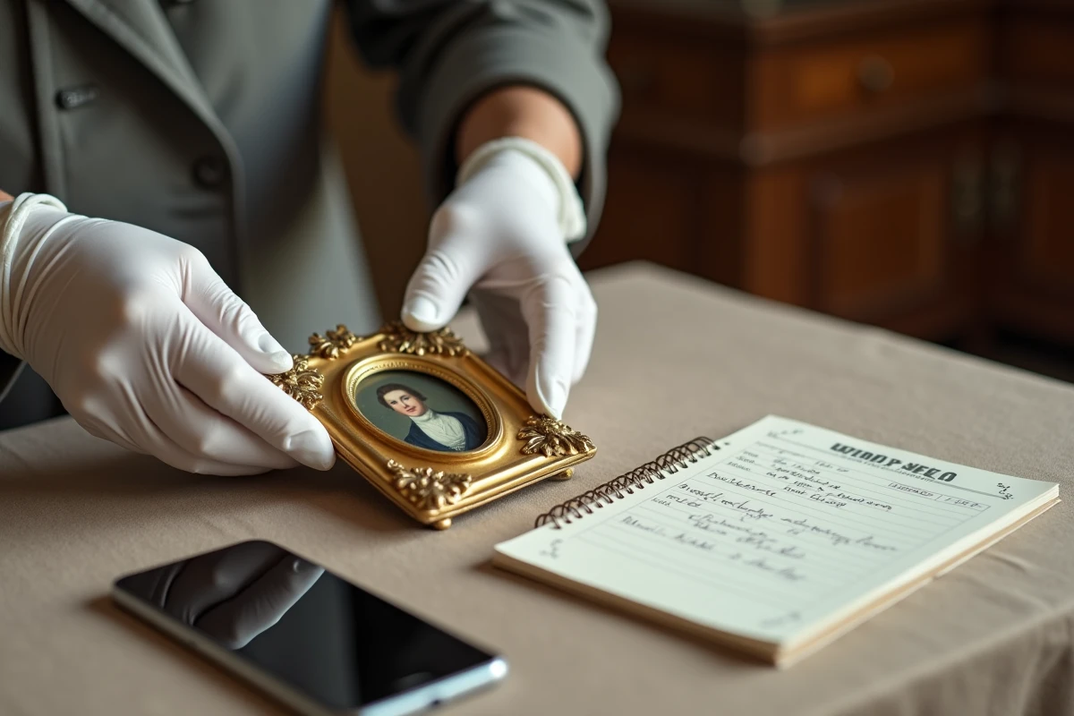 Gros plan sur les mains gantées d'un antiquaire inspectant un portrait miniature ancien lors d'une expertise à domicile