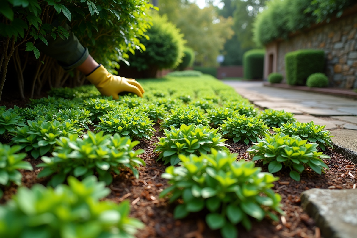 Main gant&eacute;e ajustant la couverture v&eacute;g&eacute;tale au sol dans le jardin
