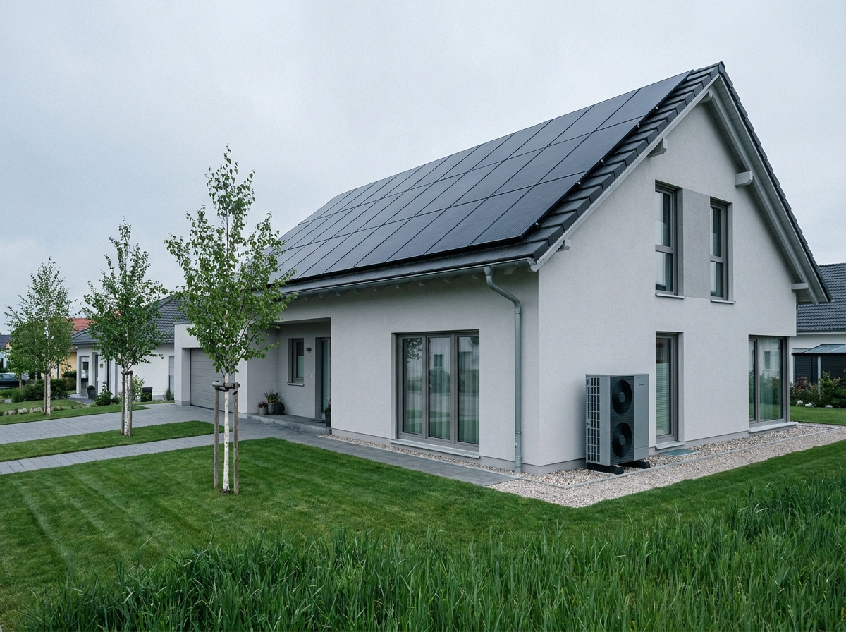 Maison neuve avec panneaux solaires sur le toit et pompe à chaleur, architecture contemporaine écoresponsable