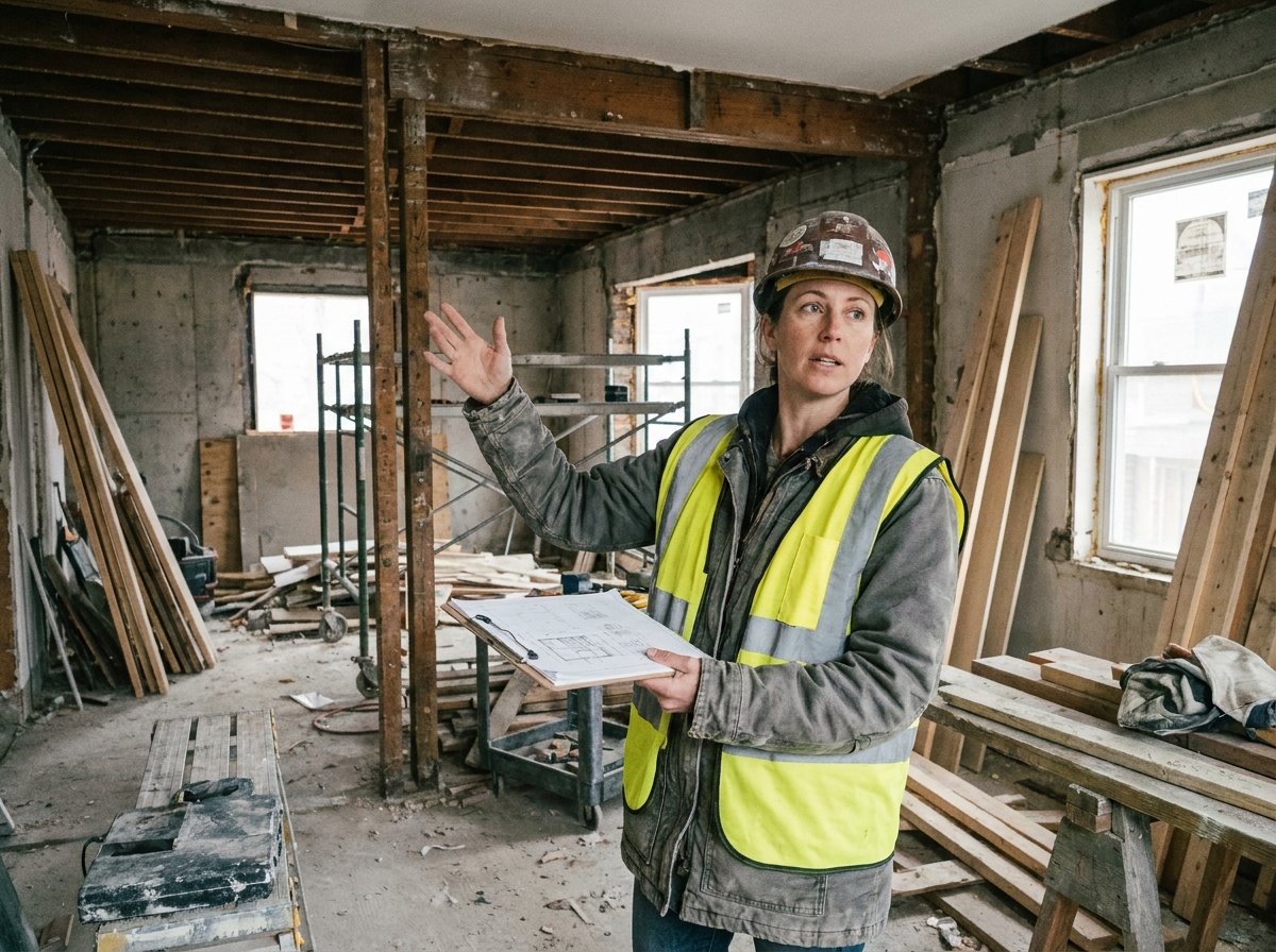 Maître d'œuvre féminine supervisant un chantier de rénovation lourde dans un appartement en travaux
