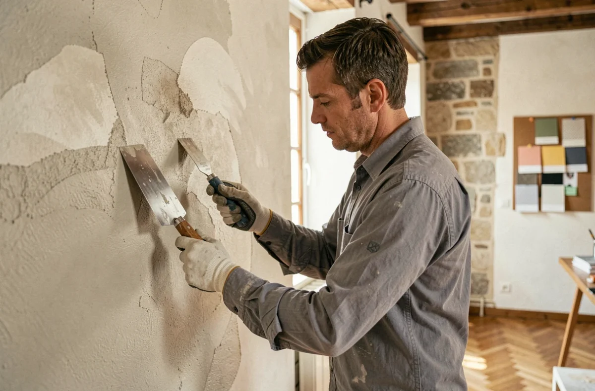 Artisan de Matière et Nuance appliquant une finition décorative texturée sur un mur intérieur avec une spatule