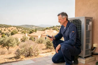 Technicien installant une pompe à chaleur sur une maison dans l'Hérault avec paysage méditerranéen en arrière-plan