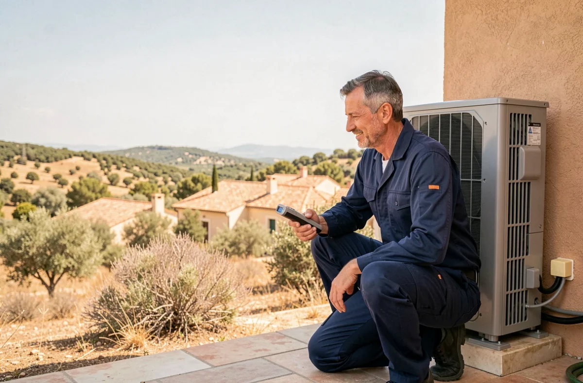 Technicien installant une pompe à chaleur sur une maison dans l'Hérault avec paysage méditerranéen en arrière-plan