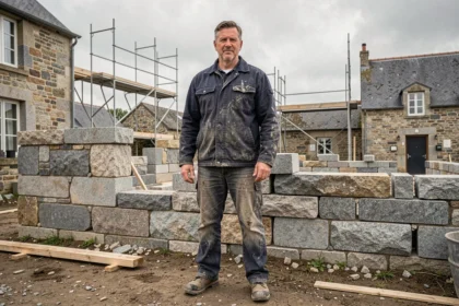 Maçon professionnel devant un chantier en Ille-et-Vilaine, avec mur en pierre de granit et échafaudage