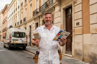 Peintre en bâtiment professionnel devant une façade rénovée à Lyon, tenant un pinceau et un nuancier de couleurs