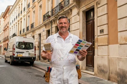 Peintre en bâtiment professionnel devant une façade rénovée à Lyon, tenant un pinceau et un nuancier de couleurs