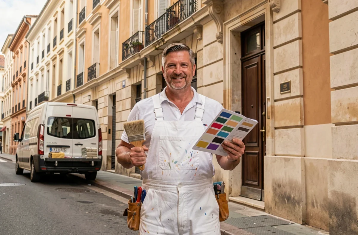 Peintre en bâtiment professionnel devant une façade rénovée à Lyon, tenant un pinceau et un nuancier de couleurs