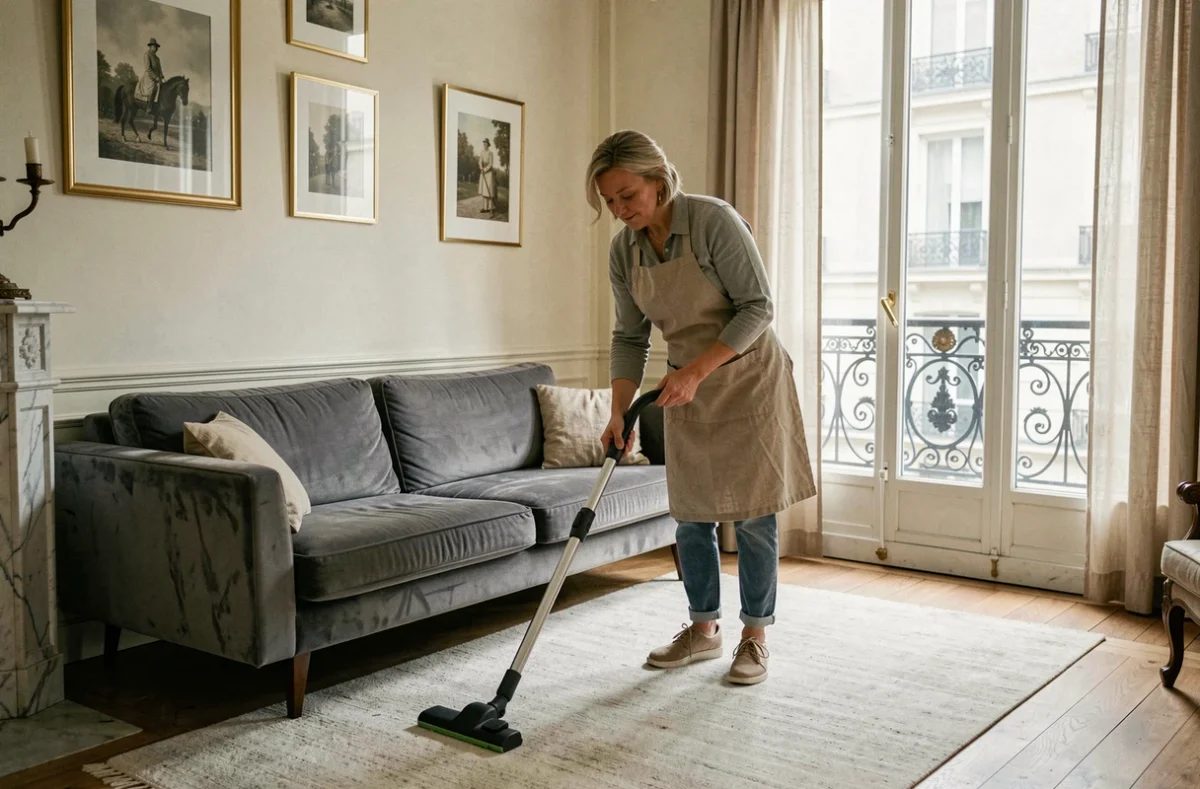 Femme passant l'aspirateur dans le salon élégant d'un appartement parisien lors d'une prestation de ménage à domicile