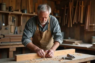 Menuisier expérimenté assemblant un tenon mortaise en chêne massif dans un atelier traditionnel avec des outils anciens