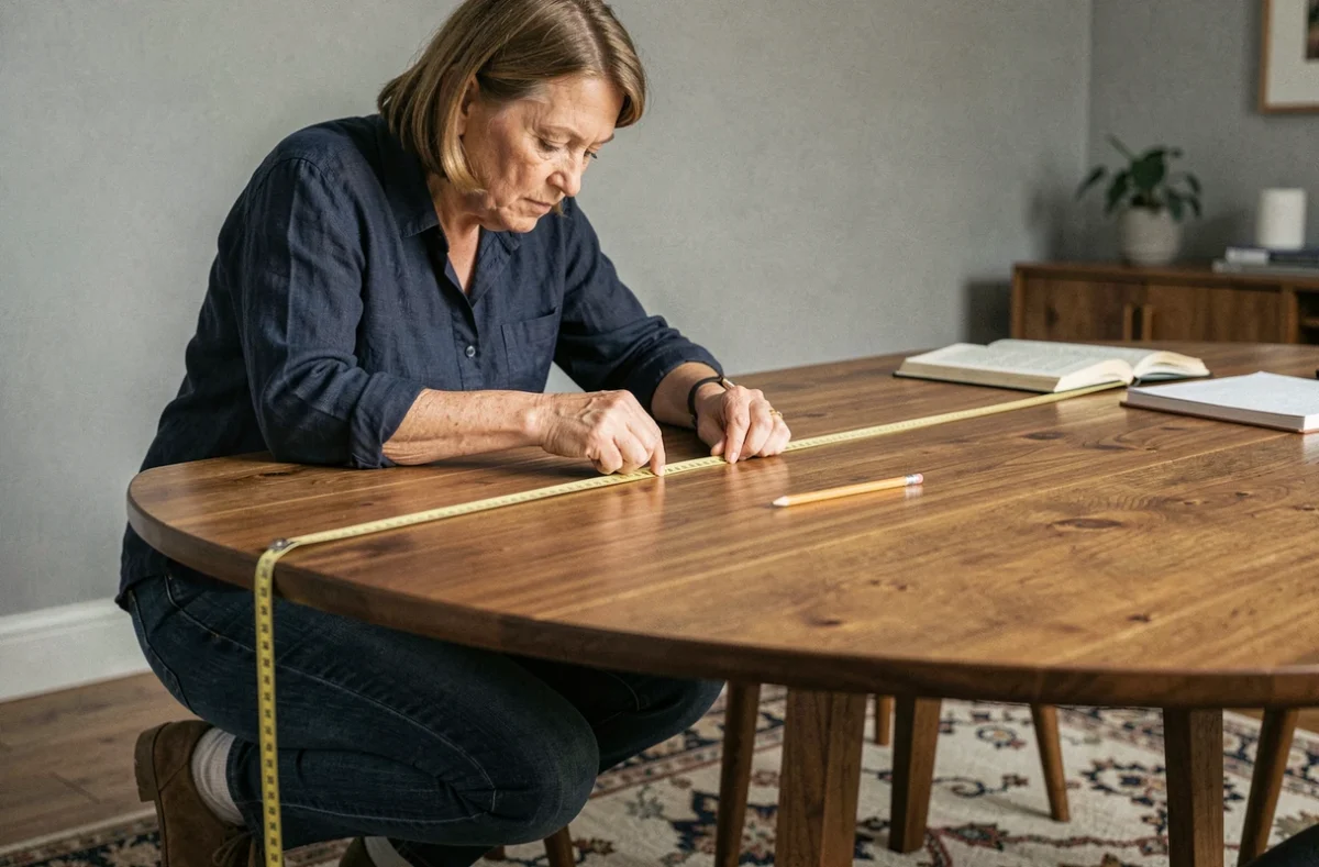Femme mesurant le diamètre d'une table ronde en bois avec un mètre ruban pour planifier un repas à 10 couverts