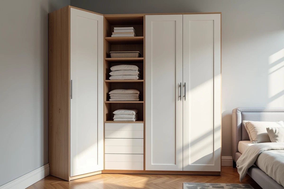 Meuble d'angle en chêne clair intégré dans un coin de chambre moderne avec rangements organisés