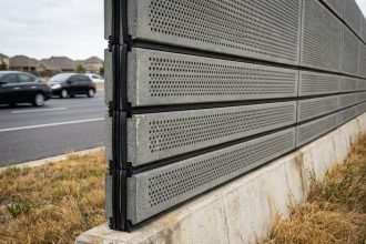 Mur anti-bruit en béton perforé le long d'une autoroute avec voitures floues en arrière-plan