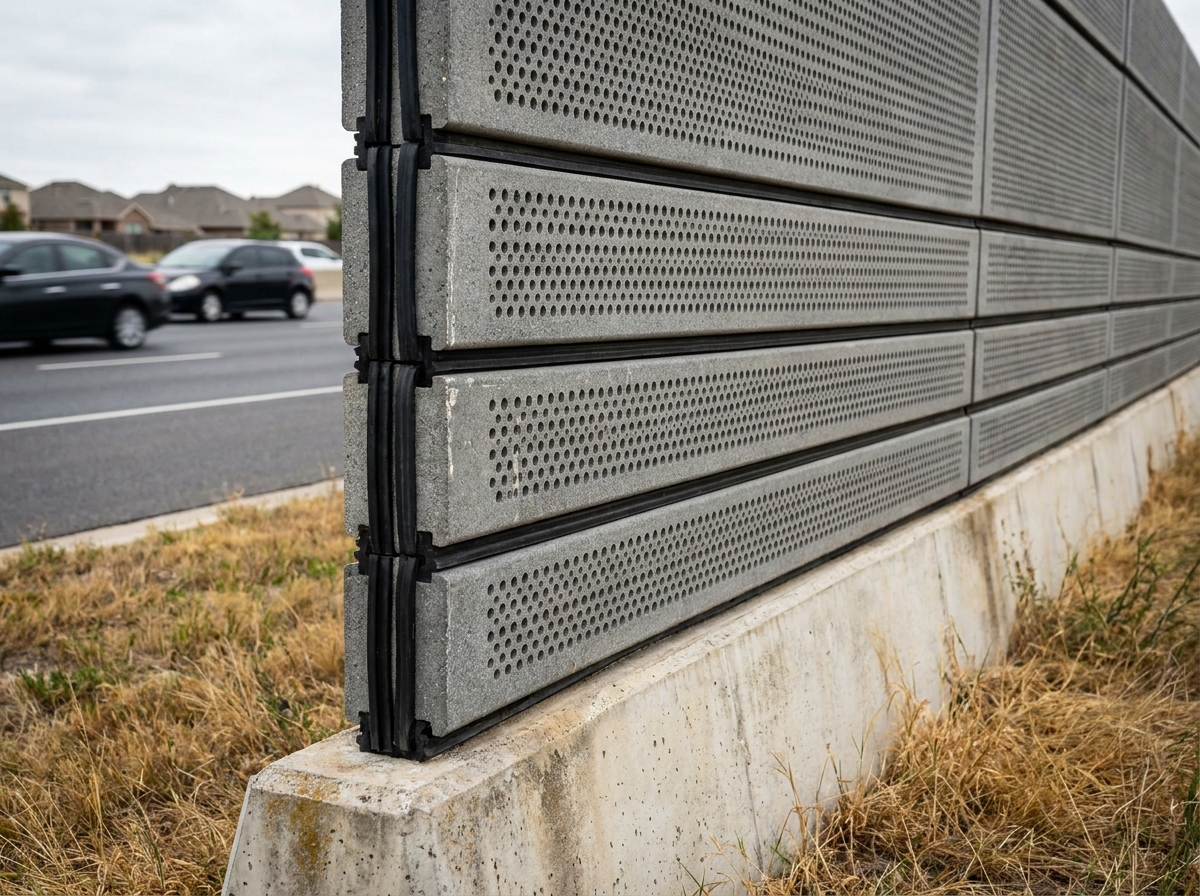 Mur anti-bruit en béton perforé le long d'une autoroute avec voitures floues en arrière-plan