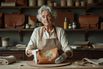Femme restaurant un sac en cuir ancien recouvert de moisissures blanches et vertes dans un atelier de restauration