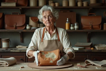 Femme restaurant un sac en cuir ancien recouvert de moisissures blanches et vertes dans un atelier de restauration