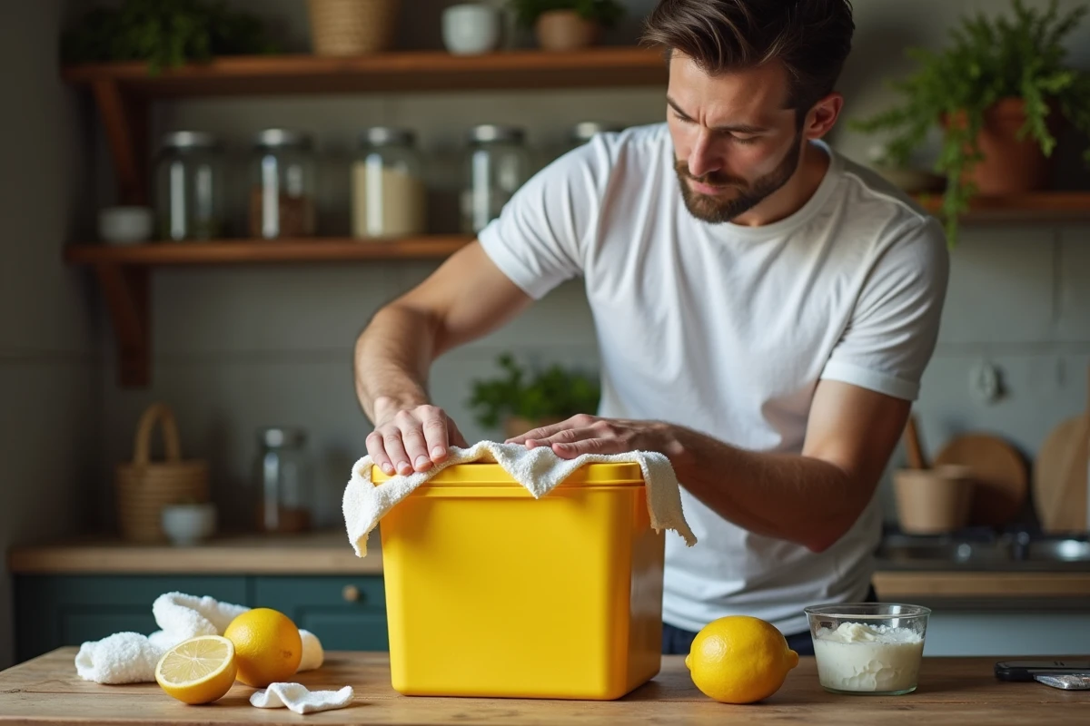 Homme appliquant un mélange citron et bicarbonate sur un récipient en plastique jauni posé sur une table en bois