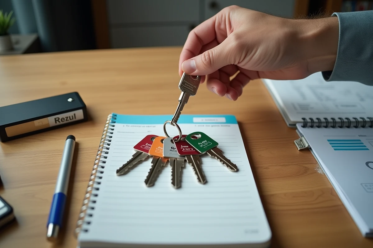 Vue aérienne d'un bureau avec des clés étiquetées, un registre de gestion et un coffret à clés portatif pour petite entreprise