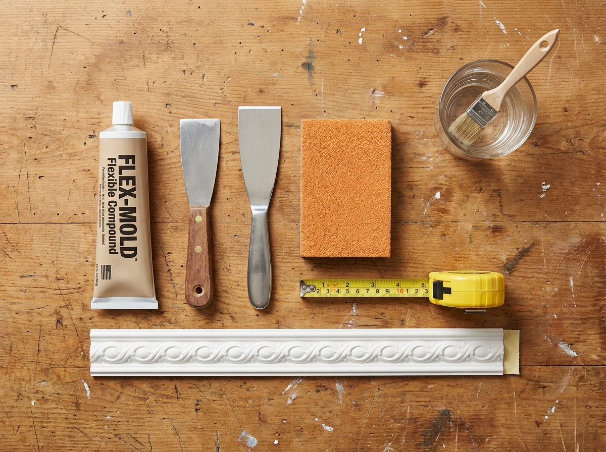 Vue en plongée des outils et matériaux nécessaires pour réaliser des travaux de moulage à la maison sur un établi en bois