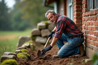 Ouvrier en jeans et chemise à carreaux près d'une maison ancienne