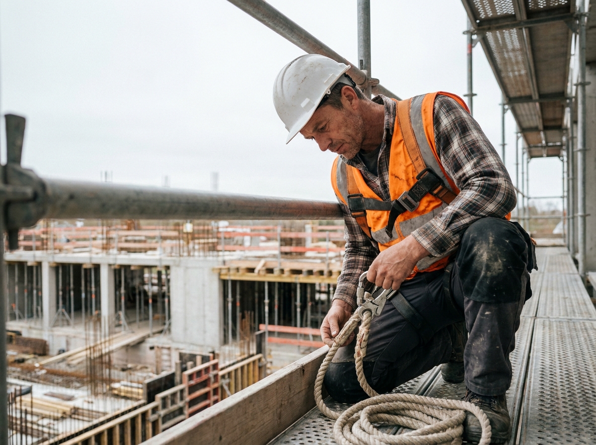 Ouvrier sur échafaudage inspectant une corde de sécurité dynamique avec harnais intégral sur chantier en hauteur