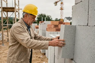 Ouvrier posant un parpaing en béton cellulaire sur un chantier de construction résidentiel, comparaison avec des briques isolantes empilées en arrière-plan