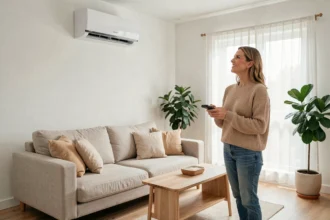 Femme utilisant une PAC air air Atlantic dans un salon moderne et lumineux aux finitions scandinaves