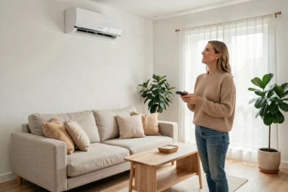 Femme utilisant une PAC air air Atlantic dans un salon moderne et lumineux aux finitions scandinaves