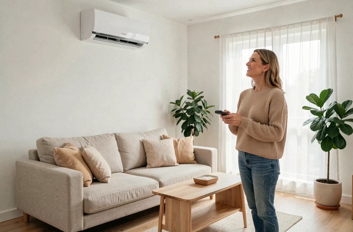 Femme utilisant une PAC air air Atlantic dans un salon moderne et lumineux aux finitions scandinaves