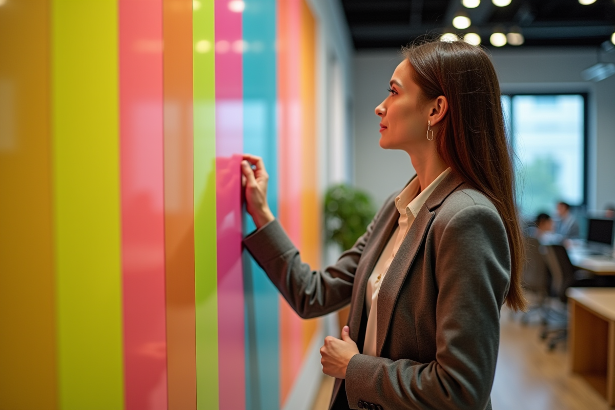 Femme en tenue professionnelle examine une palette de couleurs vintage